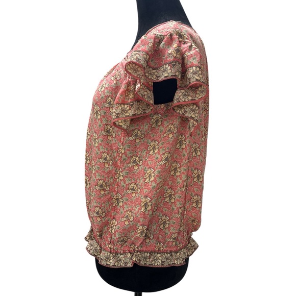 Max Studio Floral Ruffle Sleeve Blouse Pink Boho Bubble Hem Top Size Medium - Picture 3 of 8